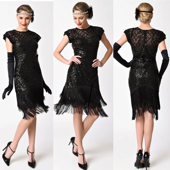 Unique Vintage Dresses & Skirts - Unique Vintage 1920s Sequin Fringe Flapper Dress